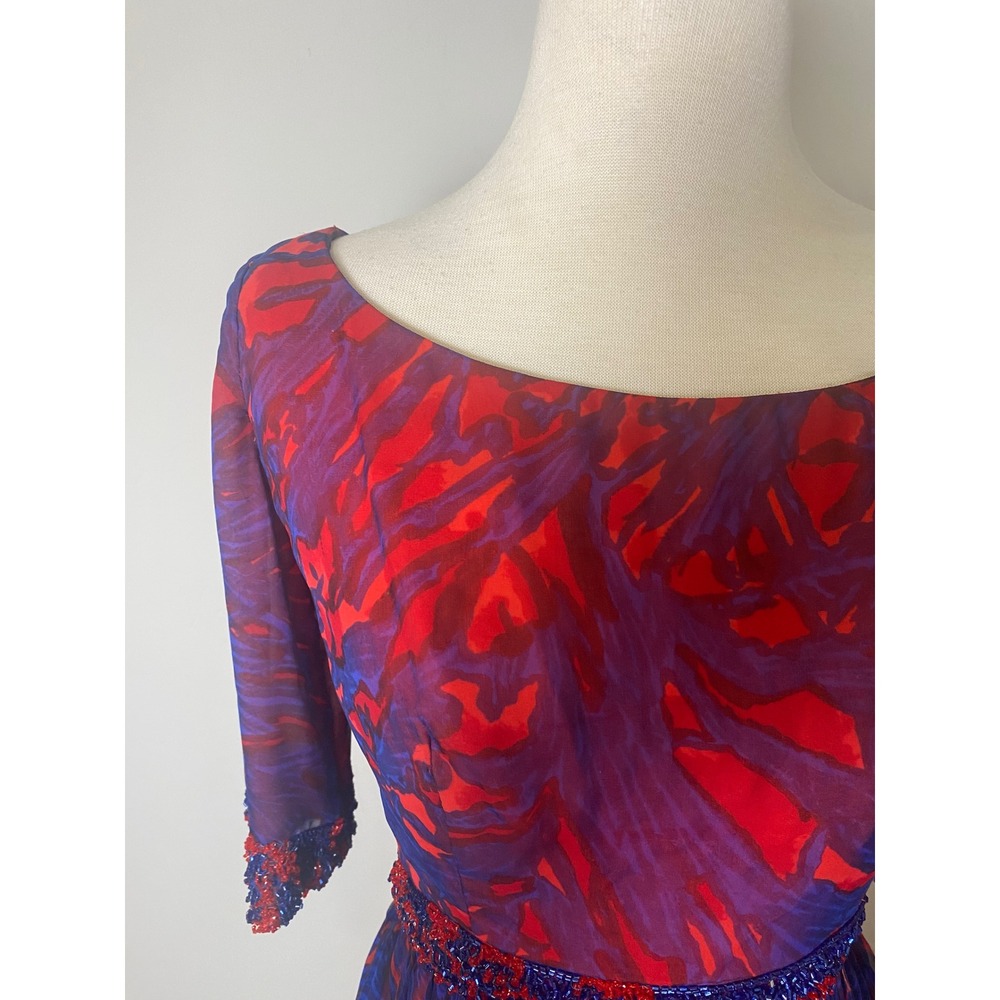 Vintage 60's Silk Chiffon Beaded Dress Blue Red Abstract Print Cocktail S - Picture 7 of 9